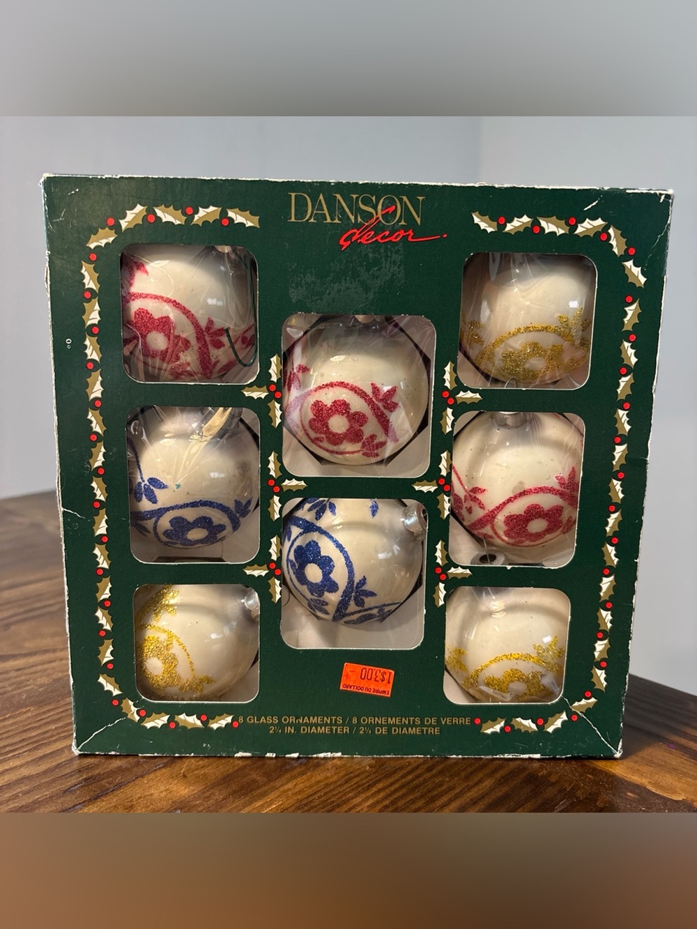 Vintage Danson Decor 8 Glass Christmas Ornaments 2.25" Glitter Floral Boxed